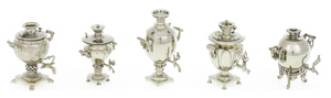 A set of mini samovars made of nickel silver in a wooden box