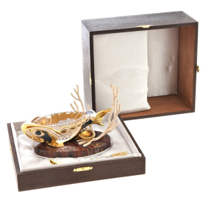 Caviar bowl on jasper "Fish" with corals, Zlatoust