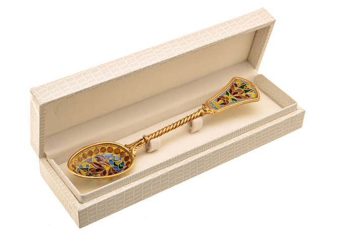 A teaspoon of "The Seasons. Autumn" with stained glass enamels