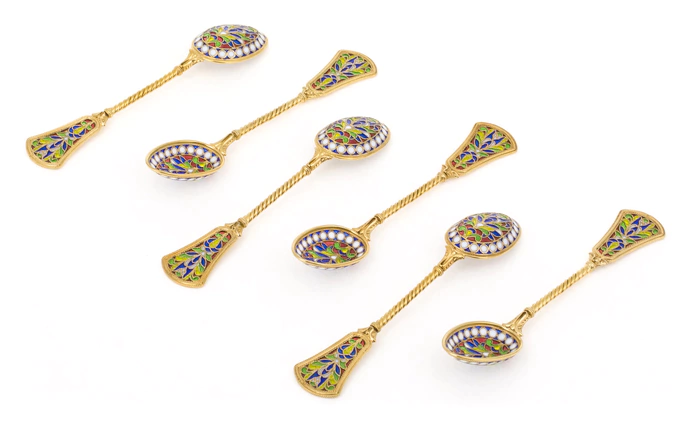 A set of 6 teaspoons. gilding with stained glass enamels
