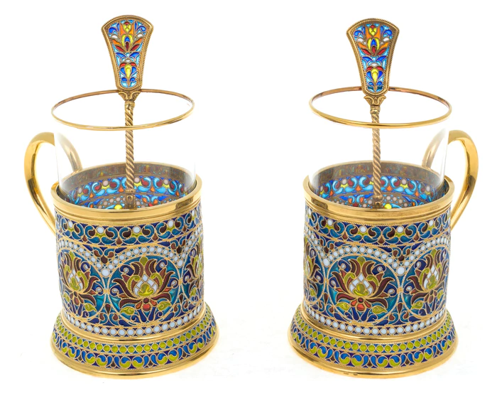 Set of 2 cup holders "Scarlet flower" with stained glass enamels