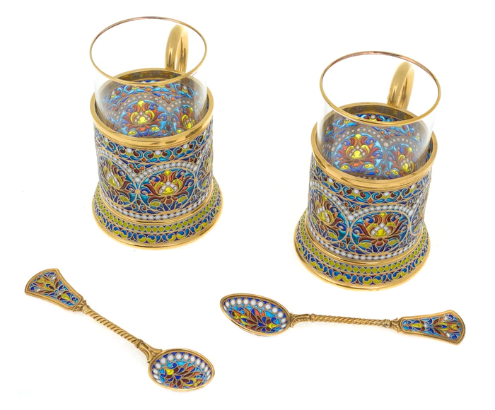 Set of 2 cup holders "Scarlet flower" with stained glass enamels