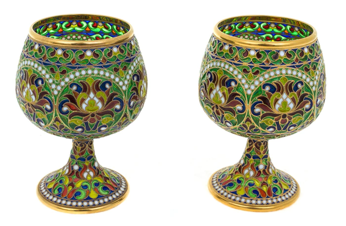 Cognac glasses "Island in the ocean" for 2 persons gilding with stained glass enamels