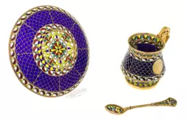 Набор кофейный на 2 персоны "Герб РФ" с золочением с витражными эмалями