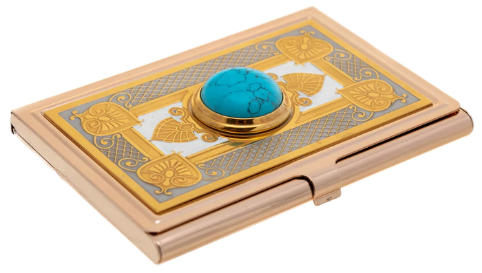 Pocket business card holder "Elegant" with turquoise, Zlatoust