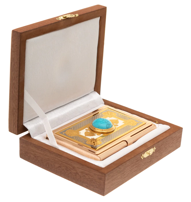 Pocket business card holder "Elegant" with turquoise, Zlatoust