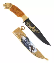 Нож с эмалями "Снежный барс. Охота" дамаск, Златоуст