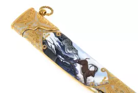 Нож с эмалями "Снежный барс. Охота" дамаск, Златоуст