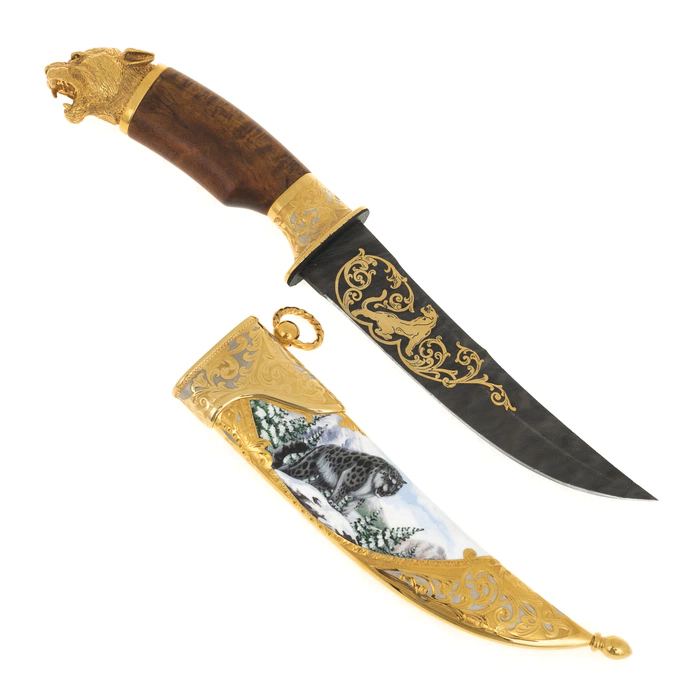 Knife "Snow leopard" (Damascus, enamel, Karelian birch)