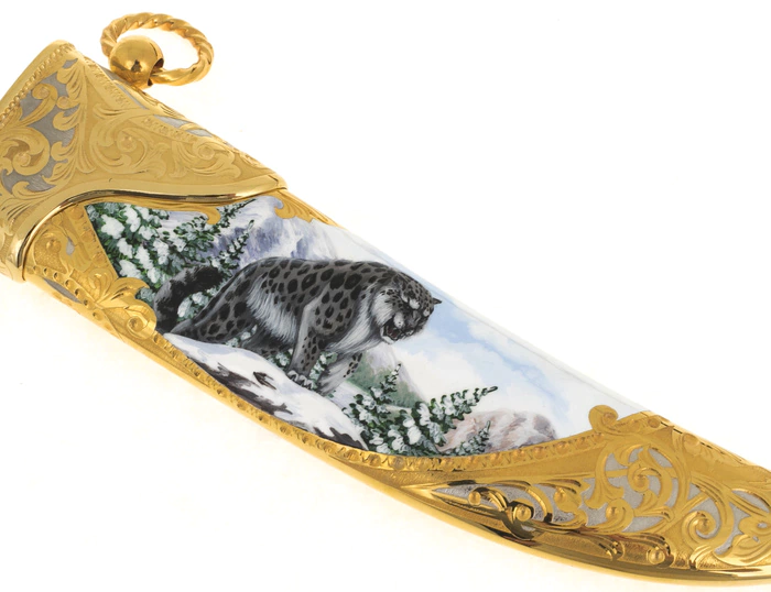 Knife "Snow leopard" (Damascus, enamel, Karelian birch)