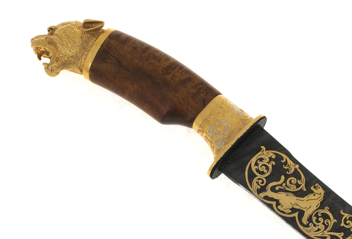 Knife "Snow leopard" (Damascus, enamel, Karelian birch)