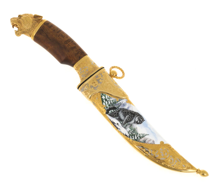 Knife "Snow leopard" (Damascus, enamel, Karelian birch)