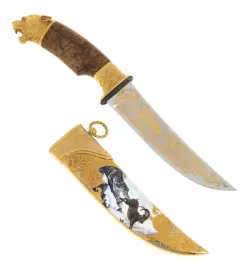 Нож "Снежный барс с архаром" (эмали, карельская береза)