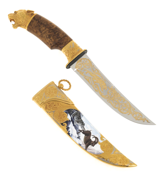 Knife "Snow leopard with argali" (enamel, Karelian birch)