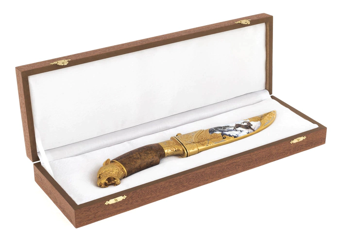 Knife "Snow leopard with argali" (enamel, Karelian birch)