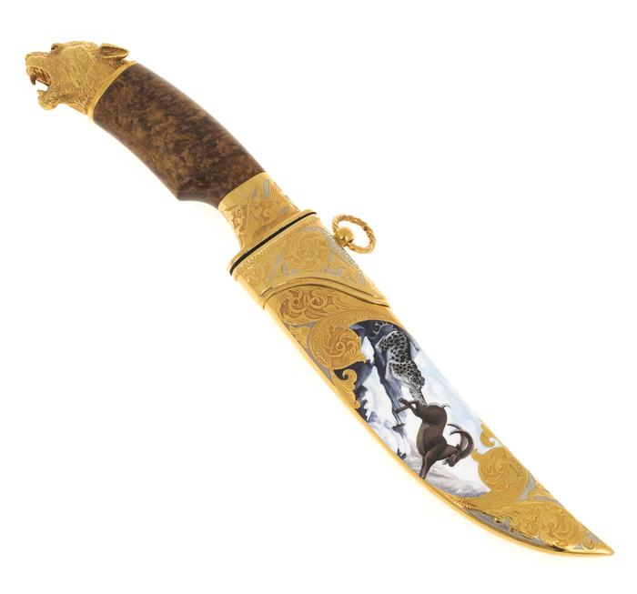 Knife "Snow leopard with argali" (enamel, Karelian birch)