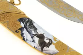 Нож "Снежный барс с архаром" (эмали, карельская береза)