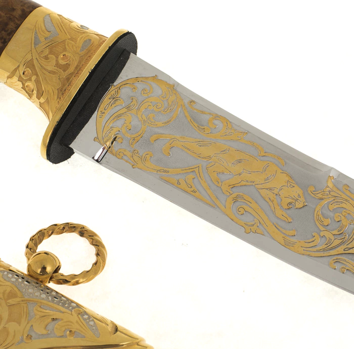 Knife "Snow leopard with argali" (enamel, Karelian birch)