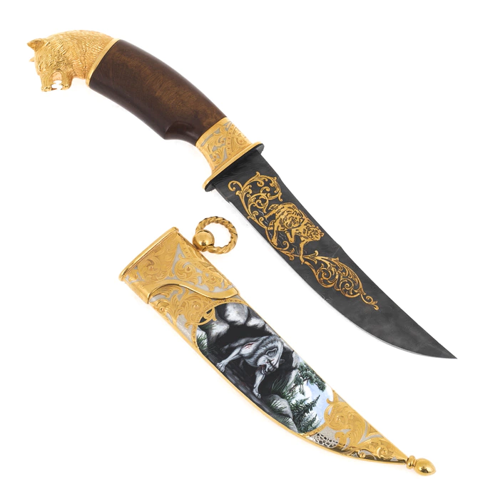 Knife "Wolf" (Damascus, enamel, Karelian birch)