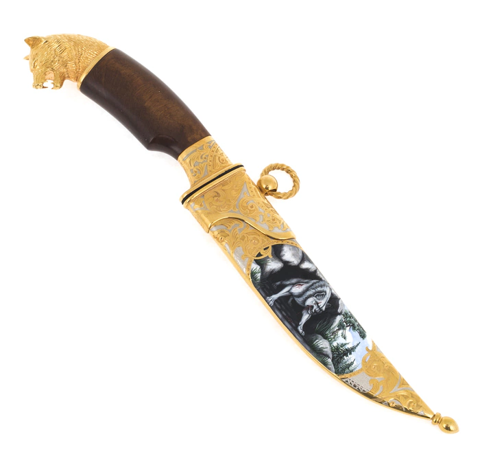 Knife "Wolf" (Damascus, enamel, Karelian birch)