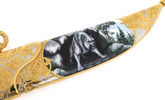 Knife "Wolf" (Damascus, enamel, Karelian birch)