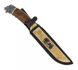 Нож "Медведь" (литьё, карельская береза, дамаск, золото, серебро, чернение серебра)