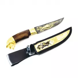 Нож "Волк" Златоуст, литая голова, накладка на ножнах, дамаск, карельская береза