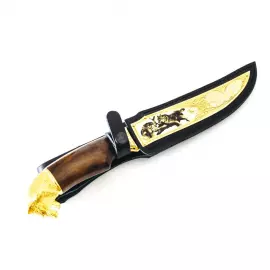 Нож "Волк" Златоуст, литая голова, накладка на ножнах, дамаск, карельская береза