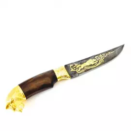 Нож "Волк" Златоуст, литая голова, накладка на ножнах, дамаск, карельская береза