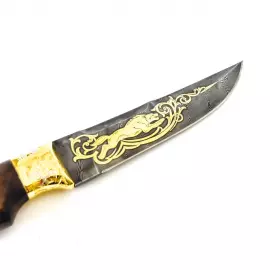 Нож "Волк" Златоуст, литая голова, накладка на ножнах, дамаск, карельская береза