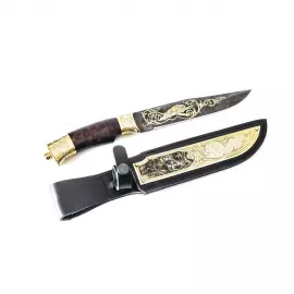 Нож "Тигр" Златоуст, накладка на ножнах, дамаск, карельская береза