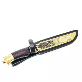 Нож "Тигр" Златоуст, накладка на ножнах, дамаск, карельская береза