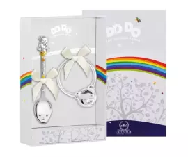 Серебряный набор для малышей DODO "Мишка с бантом": ложка и погремушка с позолотой, на 1 персону