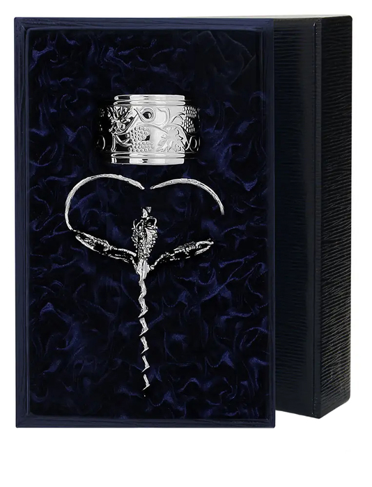 Серебряный винный набор "Виноград". кольцо для бутылки, штопор