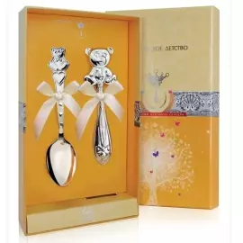 Серебряный набор для малышей "Медвежонок": ложка и погремушка, на 1 персону