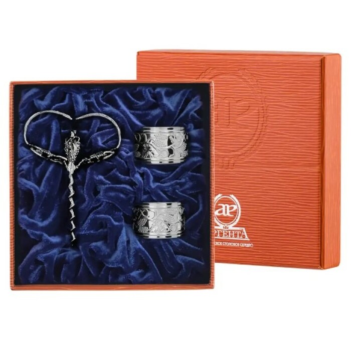 Серебряный винный набор "Виноград". кольцо для салфеток, штопор