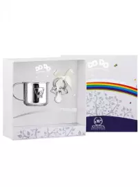 Серебряный детский набор "Мишка - малыш": кружка и сувенир-пустышка с позолотой и с эмалью