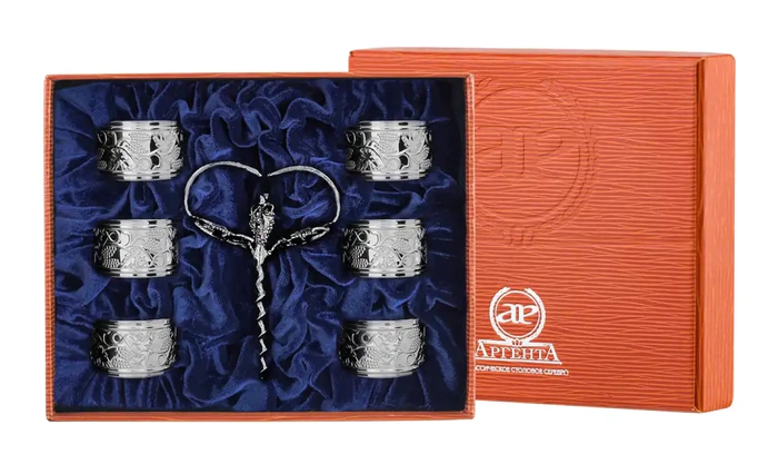 Silver wine set "Grapes": napkin ring, corkscrew