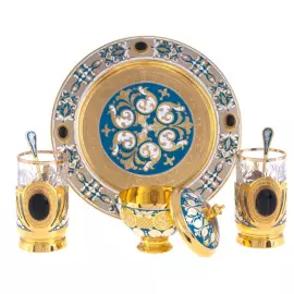 Чайный набор "Чёрный агат" на 2 персоны, с эмалями, Златоуст