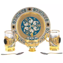 Чайный набор "Чёрный агат" на 2 персоны, с эмалями, Златоуст