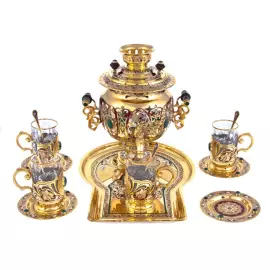 Чайный набор с самоваром "Русское застолье" на 4 персоны, с малахитом, Златоуст