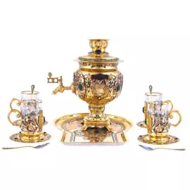 Чайный набор с самоваром "Русское застолье" на 4 персоны, с малахитом, Златоуст