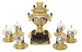 Чайный набор с самоваром "Русское застолье" на 6 персон, с лазуритом, Златоуст