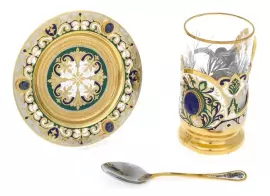 Чайный набор с самоваром "Русское застолье" на 6 персон, с лазуритом, Златоуст