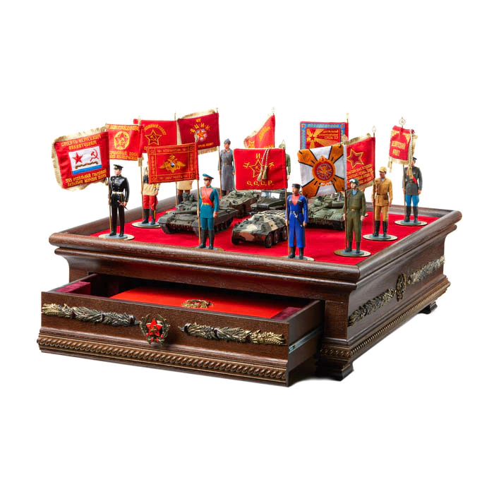 A book in a box with models of equipment and figures of military personnel "100 years of the Red Army"