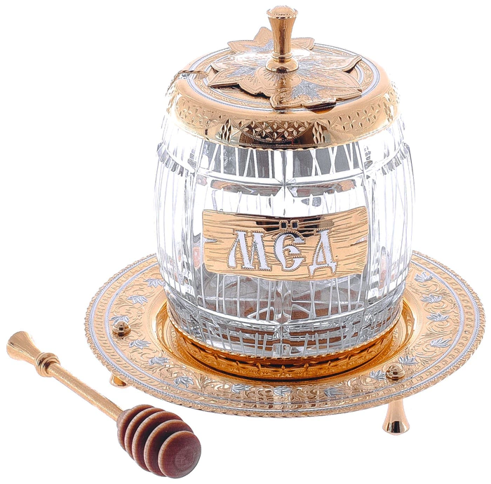 Honey bowl "Barrel" on a plate, Zlatoust