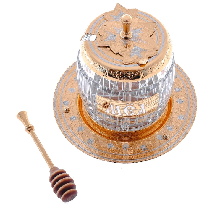 Honey bowl "Barrel" on a plate, Zlatoust