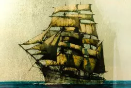 Картина на сусальном золоте "Морской пейзаж" красный бархат