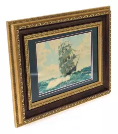 Картина на сусальном золоте "Фрегат" зелёный бархат