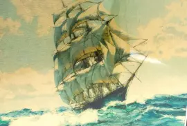 Картина на сусальном золоте "Фрегат" зелёный бархат